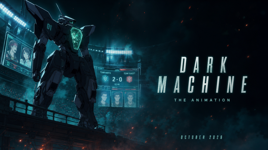 Concept key art original Dark Machine the Animation : mecha sombre dans une arène esport futuriste (match TEAM NORTH contre TEAM SUNSET), sortie octobre 2026