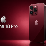 iPhone 18 Pro, rendu concept coloris Dark Cherry, dos verre unifié bien éclairé, logo Apple et nom du modèle