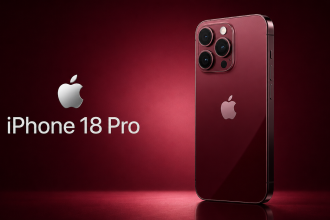 iPhone 18 Pro, rendu concept coloris Dark Cherry, dos verre unifié bien éclairé, logo Apple et nom du modèle