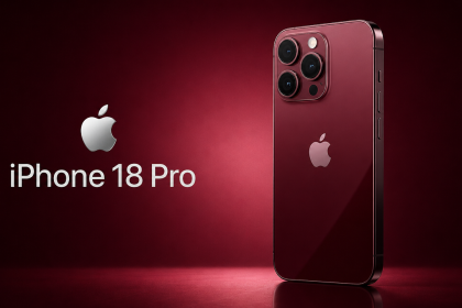 iPhone 18 Pro, rendu concept coloris Dark Cherry, dos verre unifié bien éclairé, logo Apple et nom du modèle