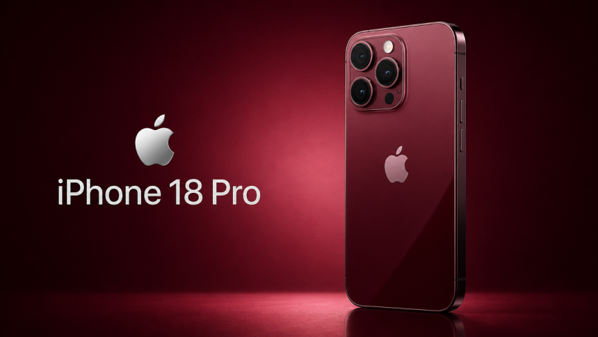iPhone 18 Pro, rendu concept coloris Dark Cherry, dos verre unifié bien éclairé, logo Apple et nom du modèle