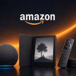 Écosystème Amazon hardware : Echo, Kindle et Fire TV Stick sur fond sombre premium, thème hausse des prix