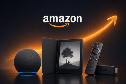 Écosystème Amazon hardware : Echo, Kindle et Fire TV Stick sur fond sombre premium, thème hausse des prix