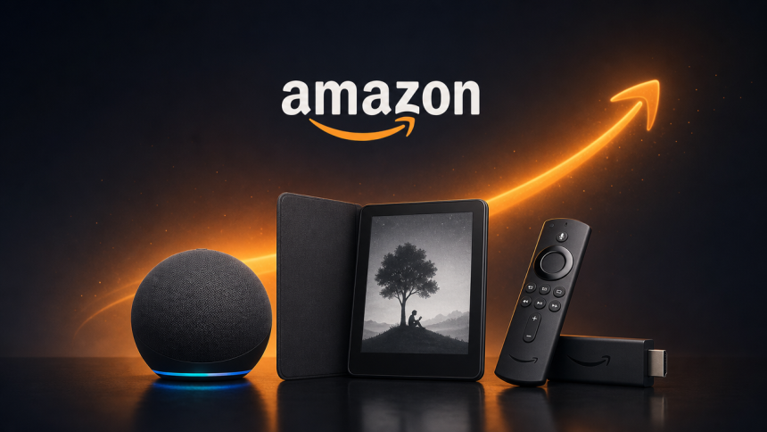Écosystème Amazon hardware : Echo, Kindle et Fire TV Stick sur fond sombre premium, thème hausse des prix