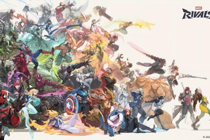 Key art officielle de Marvel Rivals, la composition complète du roster de héros Marvel avec le logo du jeu