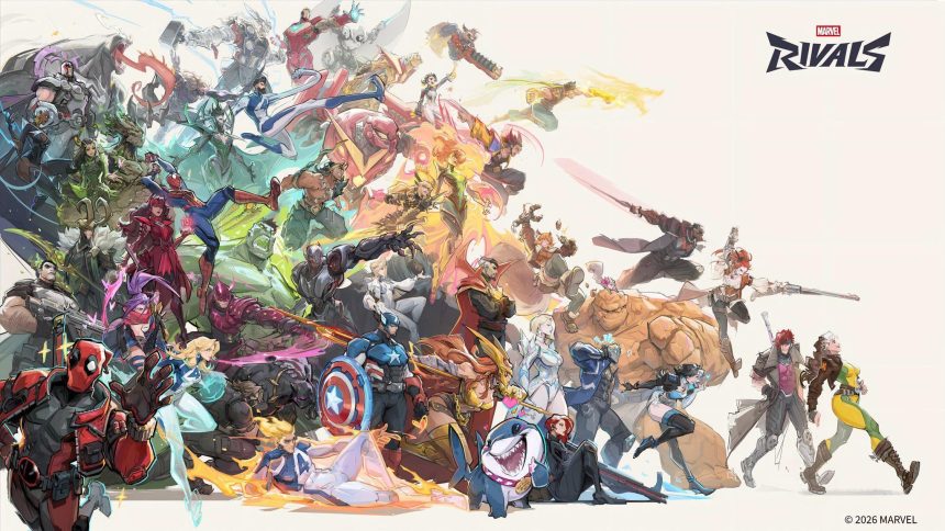 Key art officielle de Marvel Rivals, la composition complète du roster de héros Marvel avec le logo du jeu