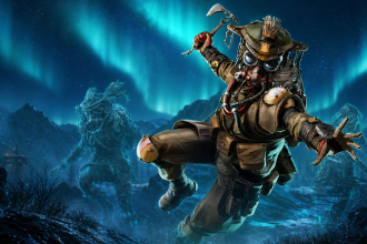 Bloodhound le chasseur masqué en pleine action sous une aurore boréale bleue, avec silhouettes fantômes de coéquipiers, Apex Legends Saison 30 Marked
