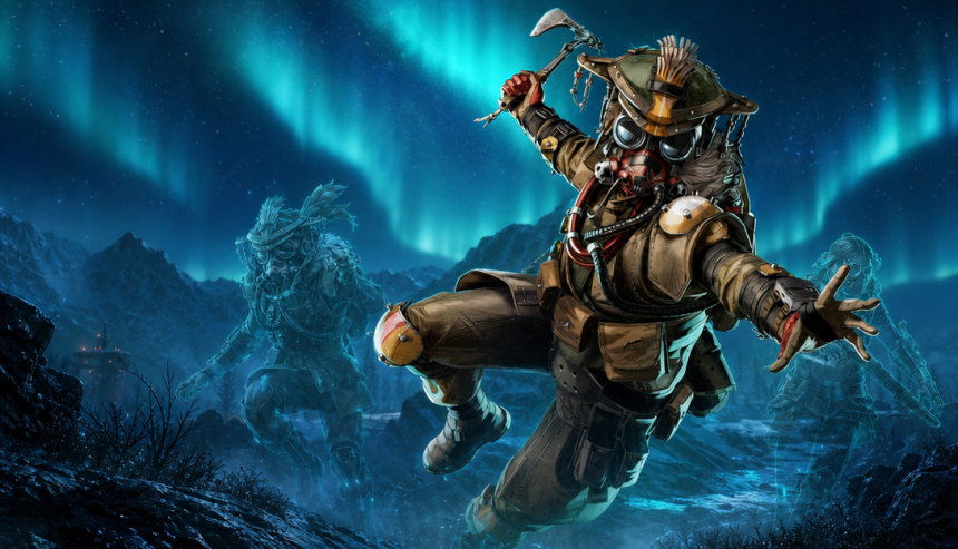 Bloodhound le chasseur masqué en pleine action sous une aurore boréale bleue, avec silhouettes fantômes de coéquipiers, Apex Legends Saison 30 Marked