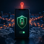 Concept illustrant une app VPN qui surveille la position de l'utilisateur : cadenas avec un œil, épingle de localisation et flux de données vers des serveurs tiers
