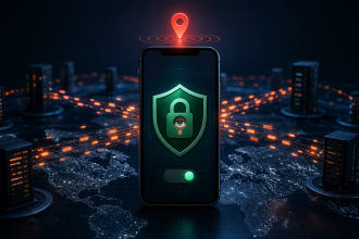 Concept illustrant une app VPN qui surveille la position de l'utilisateur : cadenas avec un œil, épingle de localisation et flux de données vers des serveurs tiers