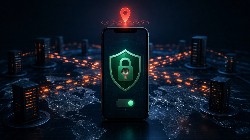 Concept illustrant une app VPN qui surveille la position de l'utilisateur : cadenas avec un œil, épingle de localisation et flux de données vers des serveurs tiers