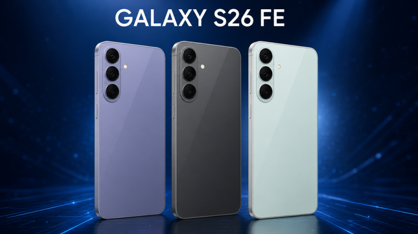 Samsung Galaxy S26 FE, rendu concept dans ses trois coloris violet, noir et vert