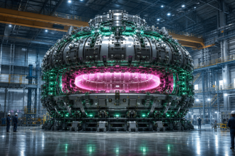 Le réacteur à fusion SPARC de Commonwealth Fusion Systems, tokamak compact en cours d'assemblage dans son hall industriel, anneau de plasma visible