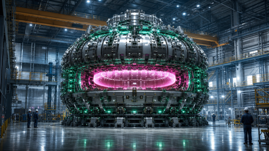 Le réacteur à fusion SPARC de Commonwealth Fusion Systems, tokamak compact en cours d'assemblage dans son hall industriel, anneau de plasma visible