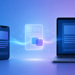 Concept illustration d'un smartphone et d'un PC Windows échangeant des données par copier-coller
