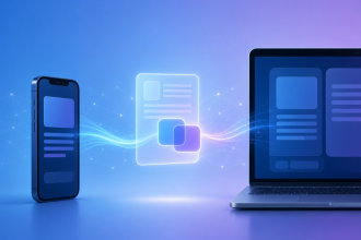 Concept illustration d'un smartphone et d'un PC Windows échangeant des données par copier-coller
