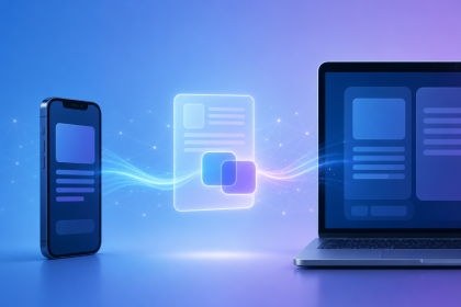 Concept illustration d'un smartphone et d'un PC Windows échangeant des données par copier-coller