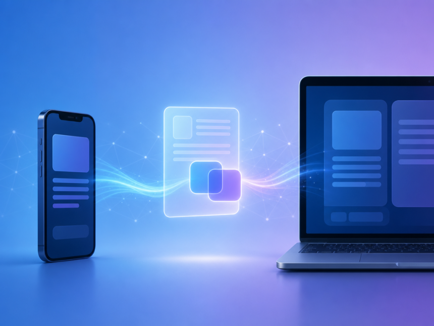 Concept illustration d'un smartphone et d'un PC Windows échangeant des données par copier-coller