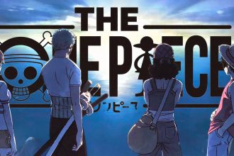 Key art officiel de l'anime The One Piece de WIT Studio pour Netflix : Luffy et l'équipage du chapeau de paille de dos sur une falaise face à l'océan
