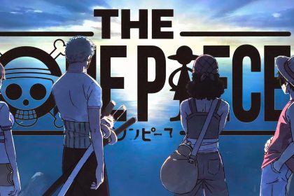 Key art officiel de l'anime The One Piece de WIT Studio pour Netflix : Luffy et l'équipage du chapeau de paille de dos sur une falaise face à l'océan