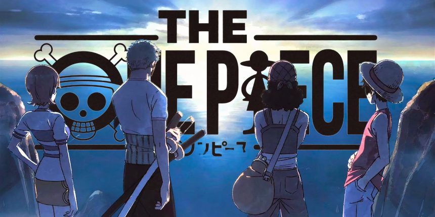 Key art officiel de l'anime The One Piece de WIT Studio pour Netflix : Luffy et l'équipage du chapeau de paille de dos sur une falaise face à l'océan