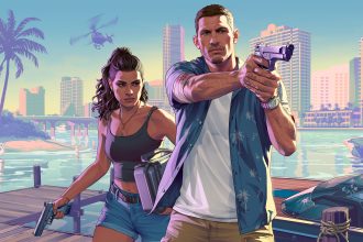 GTA 6, artwork officiel de Rockstar avec les protagonistes Lucia et Jason