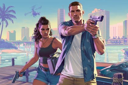 GTA 6, artwork officiel de Rockstar avec les protagonistes Lucia et Jason