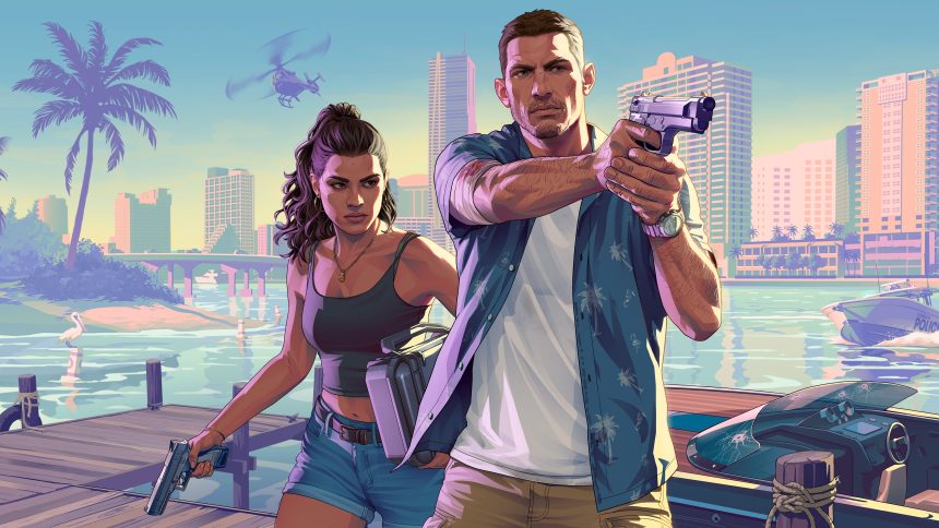 GTA 6, artwork officiel de Rockstar avec les protagonistes Lucia et Jason