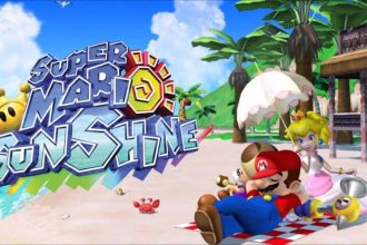 Key art officiel de Super Mario Sunshine, Mario et Peach sur la plage d'Isle Delfino, désormais disponible sur la bibliothèque GameCube Classics de la Switch 2