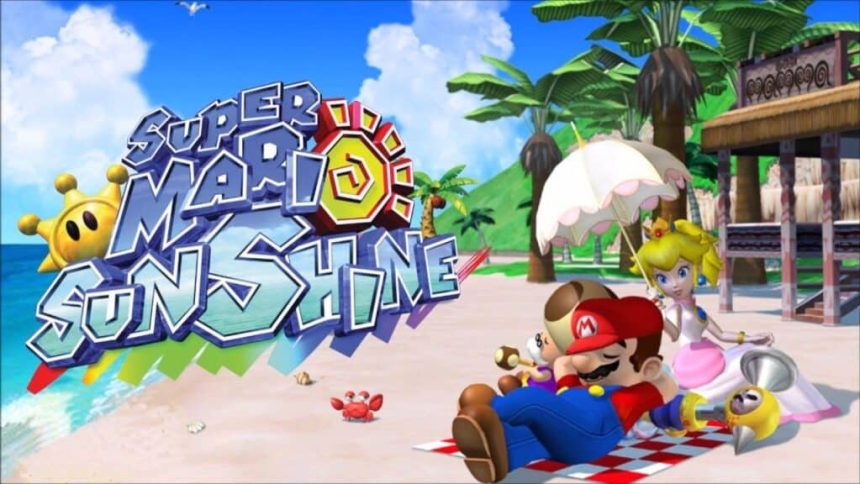 Key art officiel de Super Mario Sunshine, Mario et Peach sur la plage d'Isle Delfino, désormais disponible sur la bibliothèque GameCube Classics de la Switch 2