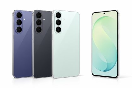 Galaxy S26 FE marketing render, quatre coloris Blueberry, Graphite et Pistachio