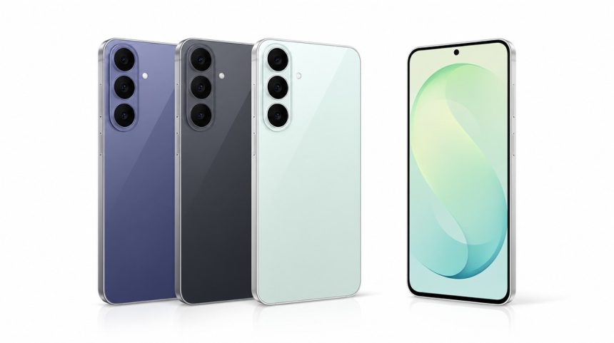 Galaxy S26 FE marketing render, quatre coloris Blueberry, Graphite et Pistachio