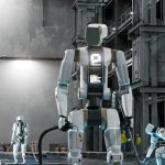 Humanoïde Persona AI dans un chantier naval industriel, prêt pour les travaux de soudure