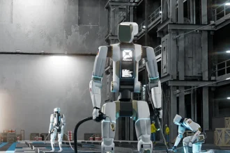 Humanoïde Persona AI dans un chantier naval industriel, prêt pour les travaux de soudure