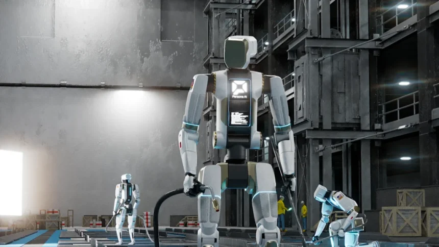 Humanoïde Persona AI dans un chantier naval industriel, prêt pour les travaux de soudure
