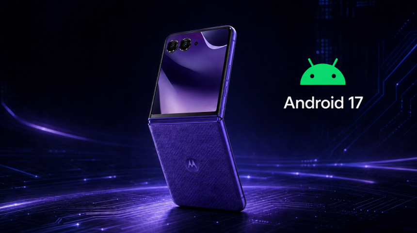 Motorola Razr 70 Ultra pliable violet en présentation produit, avec robot Android vert et mention Android 17 sur fond techno sombre, logo Motorola gravé sur la coque