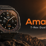 Amazfit T-Rex Dual Solar, concept de montre outdoor solaire Zepp Health aux accents orange sur fond de montagne