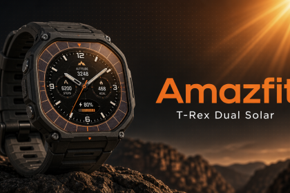Amazfit T-Rex Dual Solar, concept de montre outdoor solaire Zepp Health aux accents orange sur fond de montagne