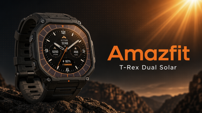 Amazfit T-Rex Dual Solar, concept de montre outdoor solaire Zepp Health aux accents orange sur fond de montagne