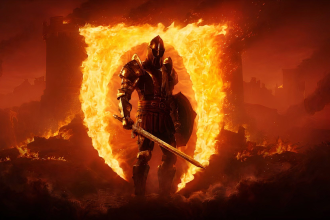 Oblivion Remastered, artwork officiel du chevalier face au portail d'Oblivion