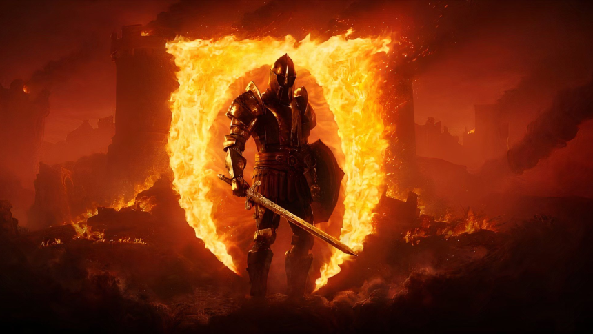 Oblivion Remastered, artwork officiel du chevalier face au portail d'Oblivion