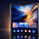 Rendu concept d'un smartphone pliable au format livre, déplié en large écran intérieur
