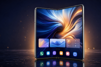 Rendu concept d'un smartphone pliable au format livre, déplié en large écran intérieur