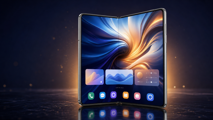 Rendu concept d'un smartphone pliable au format livre, déplié en large écran intérieur