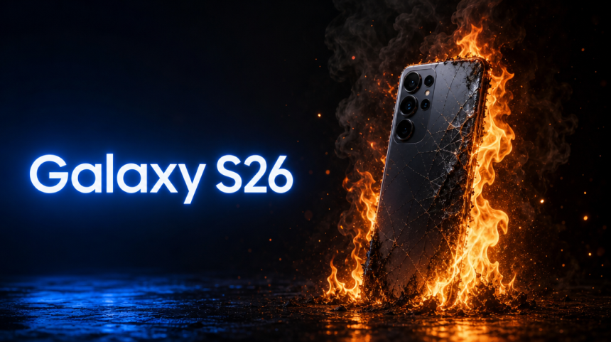 Concept : un Galaxy S26 Samsung en flammes dans une poche, illustration de l'incident d'emballement thermique