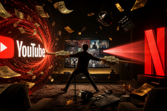 Concept éditorial : YouTube et Netflix s'affrontent en tir à la corde pour attirer les créateurs de contenu, billets de dollars volant autour du créateur au centre, ambiance rouge et or sur fond sombre