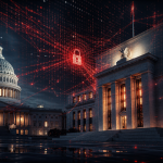 Concept cyberattaque d'État : le Capitole et la Réserve fédérale américains reliés par un réseau rouge de données, cadenas numérique, illustrant la campagne de cyberespionnage chinois