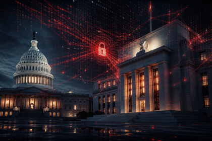 Concept cyberattaque d'État : le Capitole et la Réserve fédérale américains reliés par un réseau rouge de données, cadenas numérique, illustrant la campagne de cyberespionnage chinois