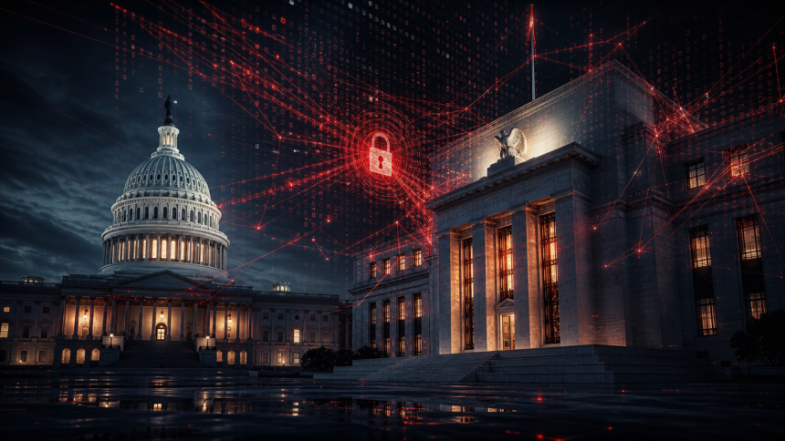 Concept cyberattaque d'État : le Capitole et la Réserve fédérale américains reliés par un réseau rouge de données, cadenas numérique, illustrant la campagne de cyberespionnage chinois