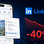 Concept : bouton LinkedIn « Seems like AI slop » dans le menu d'un post, avec graphique en baisse montrant la portée des contenus IA amputée de 40 %
